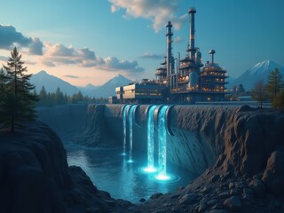 Innovative CO₂ capture and storage technology implemented in a modern industrial facility amidst mountains and flowing water