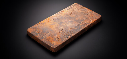 Ancient rectangular stone tablet with intricate carvings, showcasing historical artistry and craftsmanship. This artifact evokes sense of mystery and cultural significance