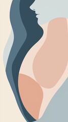 Minimalist illustration of a woman profile silhouette, featuring pastel colors, abstract shapes, and flowing lines, creating a sense of elegance and femininity