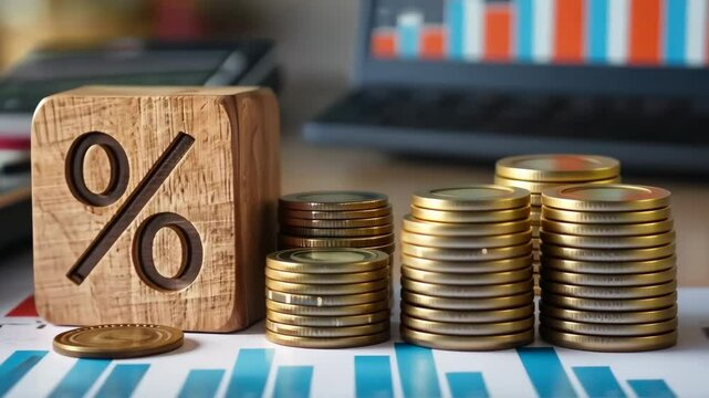 Tax season Taxation. Percent sign on wooden block, calculator, coins stack. Paperwork, financial research, report. Calculate tax return. Personal banking. Finance. Planning budget. Calculating expense