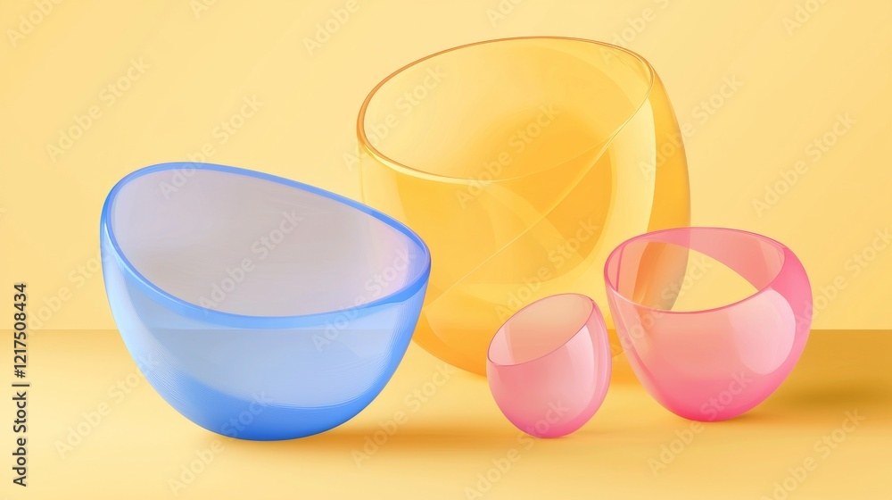 Aufkleber arranging four empty bowls in various sizes and vibrant colors on a bright yellow surface, creating 