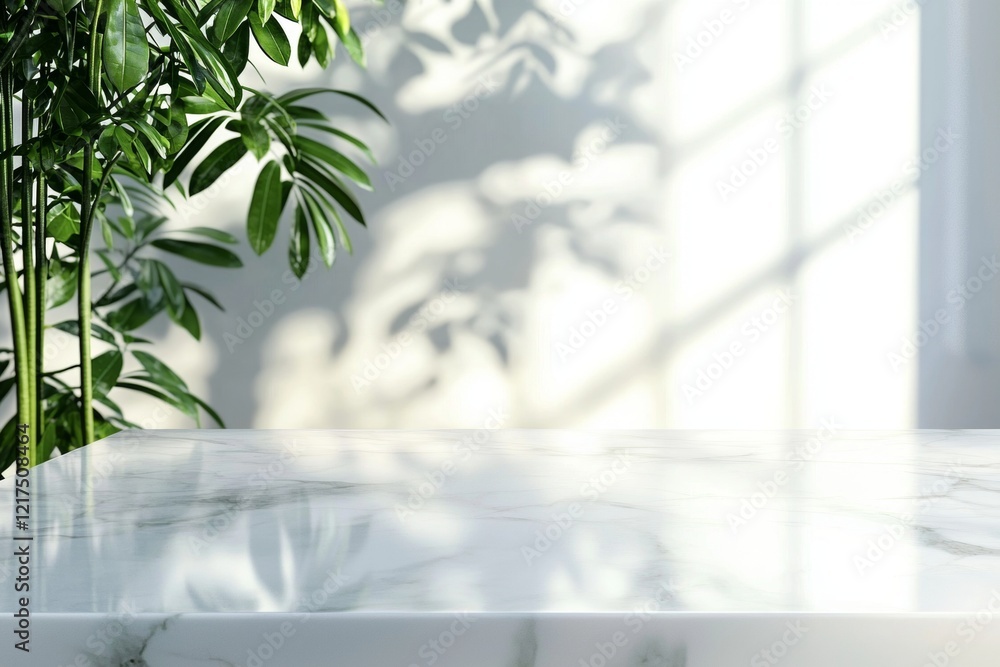 Poster empty marble table basking in sunlight, casting plant shadows against a window frame in the backgrou