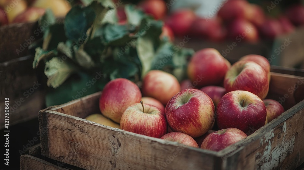 Aufkleber red and yellow ripe apples displayed in wooden crates, creating an inviting scene at a local farmer'