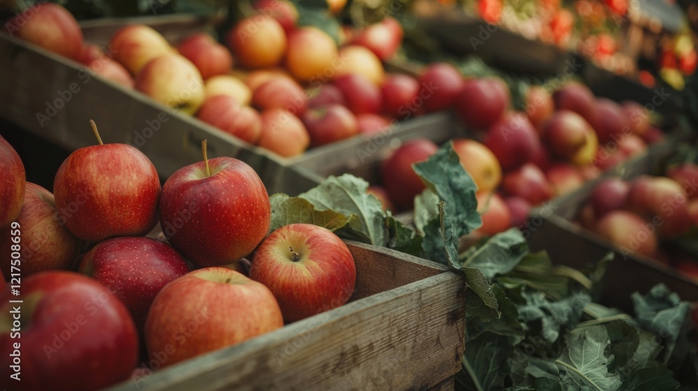 Poster ripe red apples are overflowing from wooden crates, creating a vibrant display of fresh produce at a