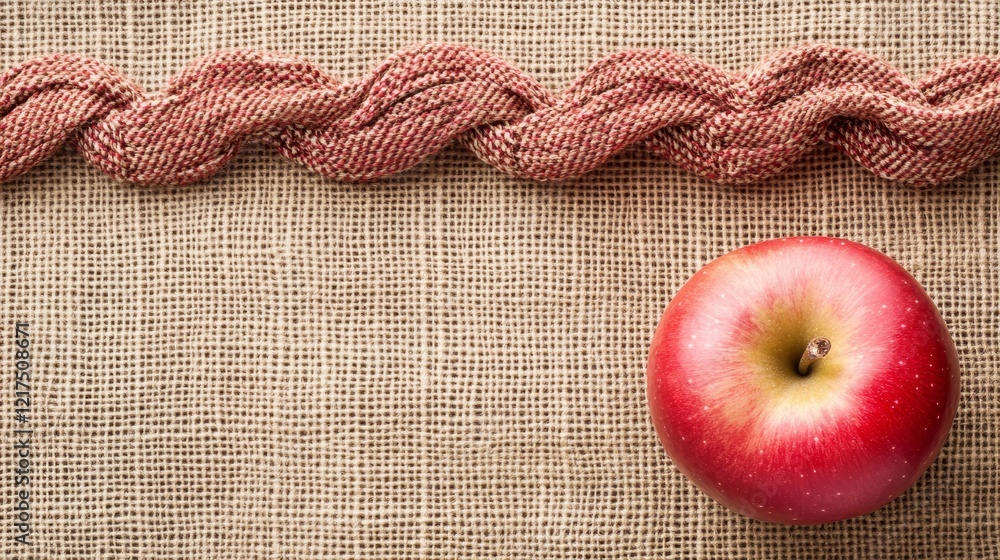 Poster fresh red apple positioned on textured burlap fabric with braided twine adding natural elements to t