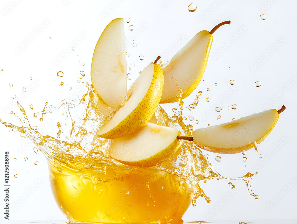 Poster fresh pear slices splashing into golden juice with dynamic motion and droplets against a white backg
