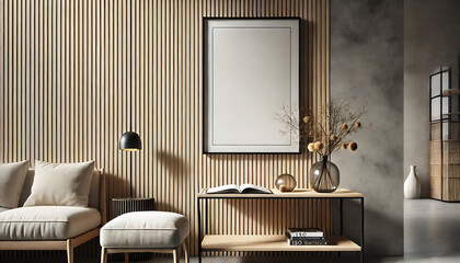 A photorealistic rendering of a modern interior featuring a blank black-framed poster hanging vertically against a textured wooden slat wall.