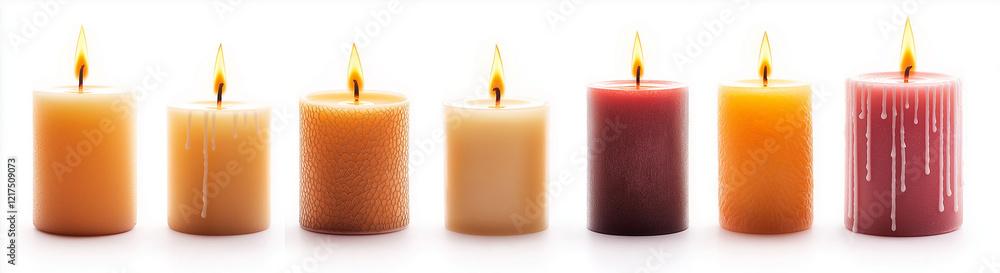 Poster candles in various shapes and colors, glowing softly with flames, create warm and inviting atmospher