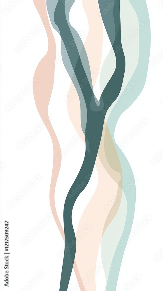 Poster pastel-colored vertical wavy shapes intertwine and overlap, creating a sense of flowing movement and