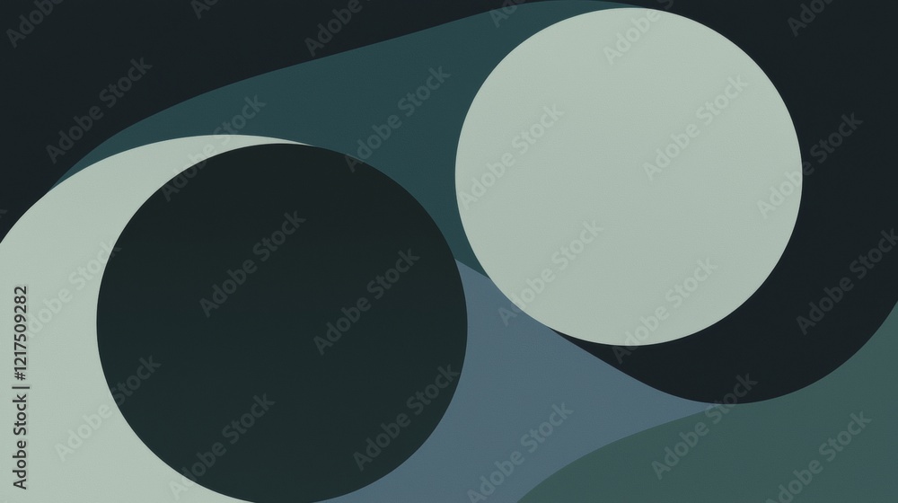 Poster modern abstract background featuring overlapping circles and wavy shapes in dark and light green ton