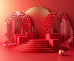 Obraz premium Elegant 3D product display scene with vibrant red tones and geometric shapes enhanced with upscaling