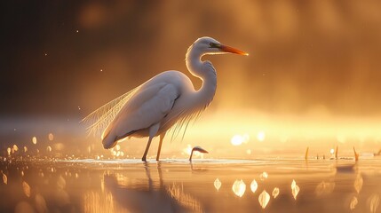 Fototapeta premium Majestic egret at golden sunrise.