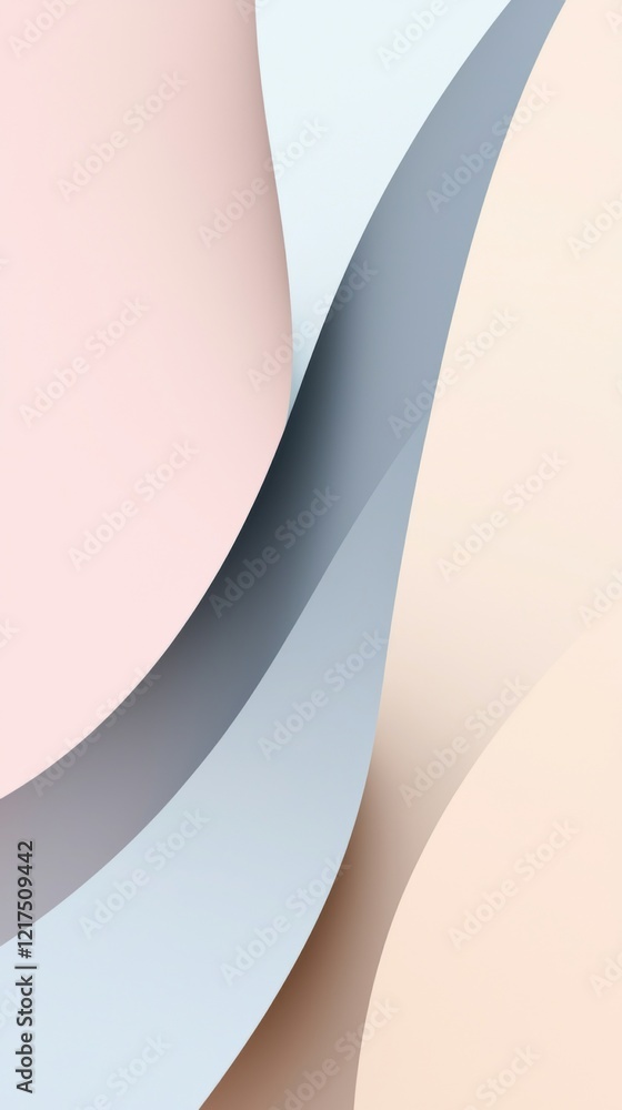 Poster smoothly overlapping shapes in soft pastel colors create a flowing abstract background, enhancing mo