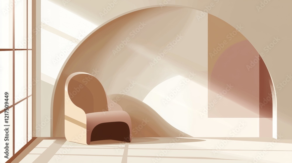 Poster sunlight illuminates a modern armchair placed in a minimalist interior design with arched walls and 
