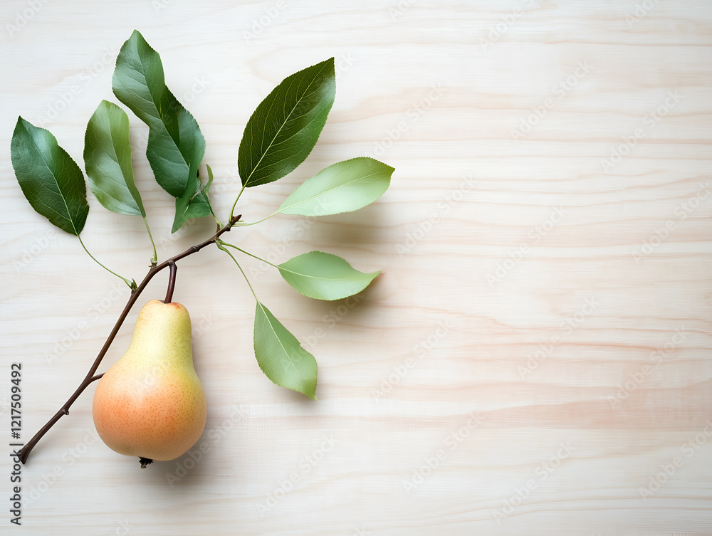 Poster a single ripe pear with leaves on a branch against a light wood background showcasing the vibrant co