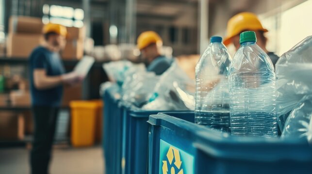 Closeup of a digital display board updating the amount of waste processed and recycled with employees in the background engaging in efficient waste management practices at the recycling