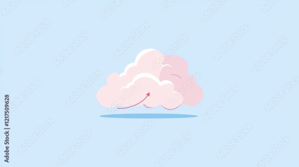 Poster stylized pink cloud with an upward arrow represents the concept of uploading data to cloud storage, 