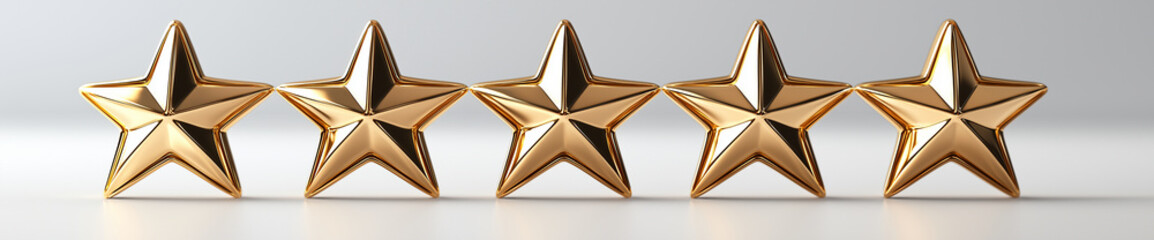 Five golden stars in row, shining brightly against white background, symbolize excellence and achievement. Their polished surfaces reflect light, creating sense of luxury and quality