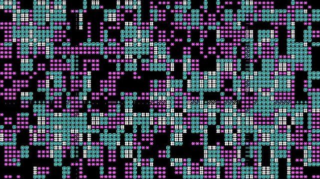 Abstract Pixel Art 8 bit Loop Animation with colorful ASCII Geometric Patterns