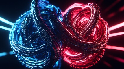 Obraz premium Red blue glowing abstract sphere, futuristic, dark background, tech design