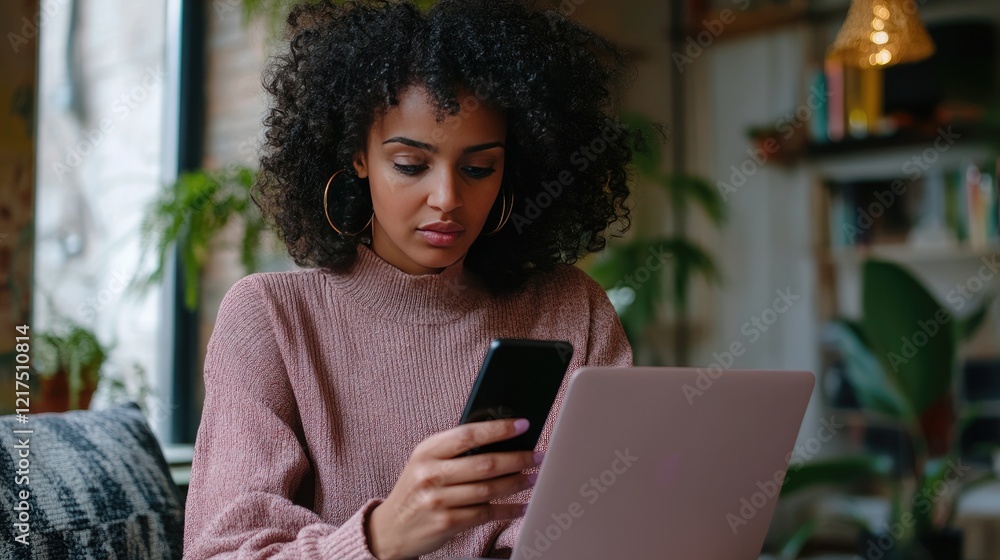 Poster a professional holding a smartphone and checking financial data on an open laptop in a modern worksp
