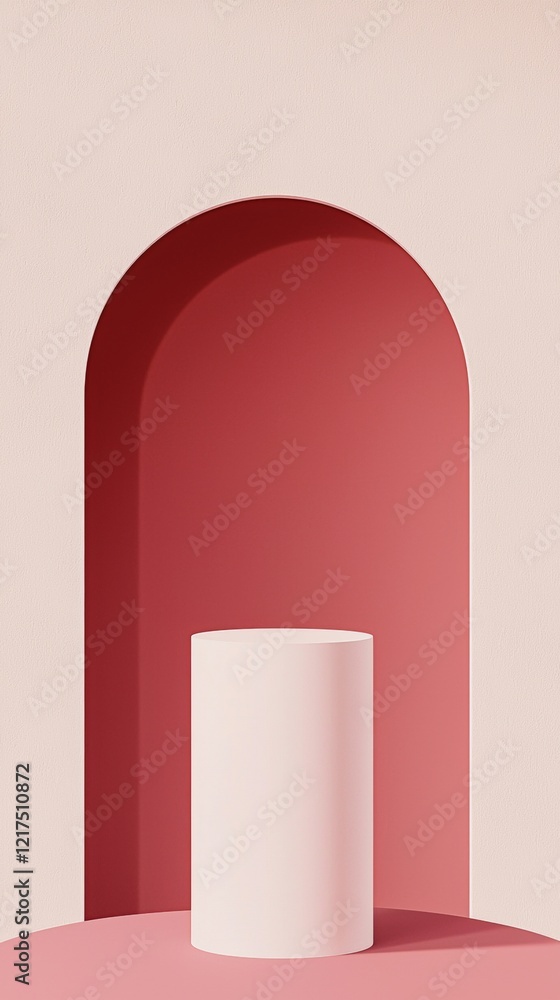 Poster minimalist 3d rendering featuring a white cylindrical podium placed on a pink floor within a softly 