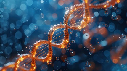 Orange DNA double helix spiral with shimmering light bokeh and bubbles, gracefully floating on a blue background