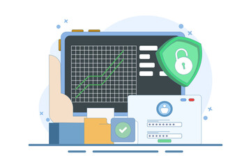 Mobile device security concept with password. Flat developer prepares security system to protect user account data and master password. Minimal vector illustration outline design style.