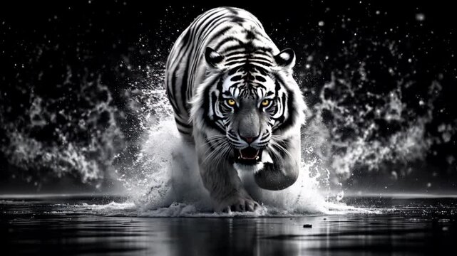 Black and white tiger on black background running towards on water