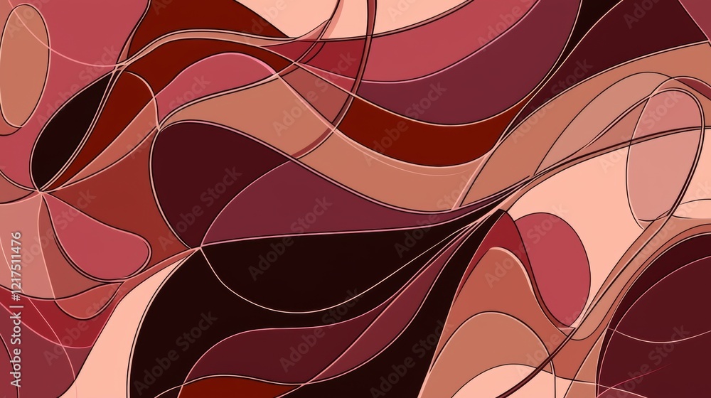 Poster smooth, curved lines in shades of red and pink intertwine, forming an abstract pattern that creates 