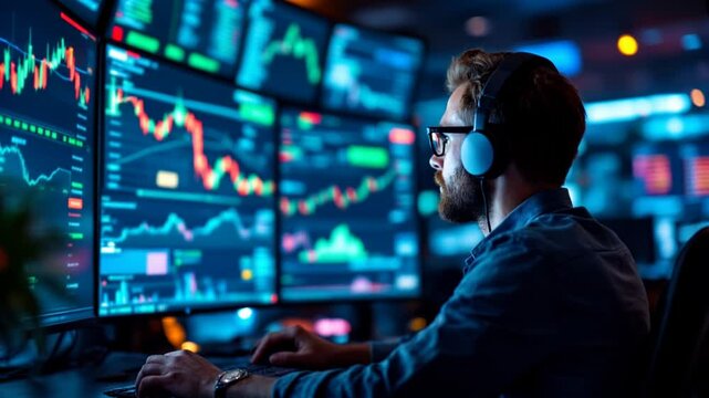 A forex trading chart featuring a focused trader in a modern trading environment