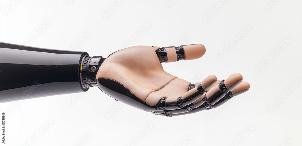 Poster robotic hand with open palm, showcasing intricate mechanical details and realistic design. this repr