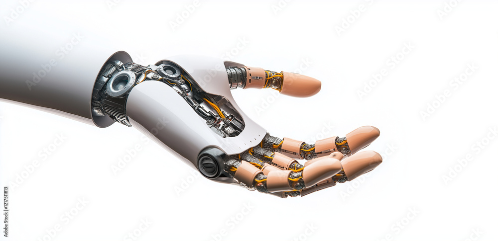 Poster robotic hand with open palm showcases intricate mechanical details and sleek design, symbolizing adv