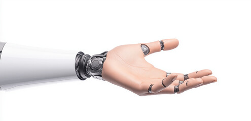 robotic hand with open palm, showcasing intricate mechanical details and sleek design, symbolizes advanced technology and innovation