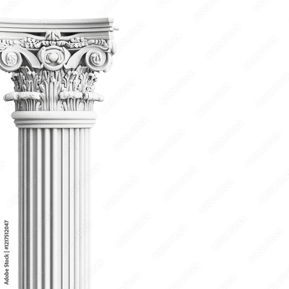 Poster a close-up of a white classical column with intricate carvings, isolated against a black backdrop.
