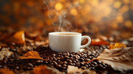 Cup of coffee with beans isolated on autumn background 
