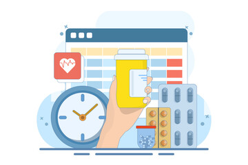 Medication calendar concept with daily pill reminder, organized healthcare routine, medical schedule planning, health tracking, prescription management, and medication-based alerts. Flat illustration.