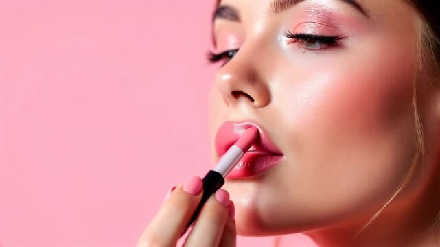 Sophisticated and minimalist scene a close-up captures an elegant woman applying soft pink lipstick against a pastel pink background