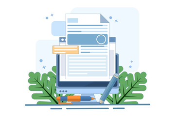 Concept Review of educational textbooks on creative writing and storytelling. Concept of storytelling, creative writing, pencil and paper, copywriting, flat vector illustration on background. © FAHMI 