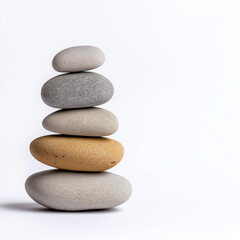 Fototapeta premium Balanced stones in stack, showcasing harmony and tranquility against white background. arrangement features gray and one golden stone, symbolizing balance and peace