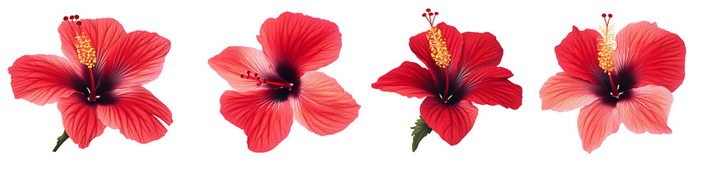 Obraz premium Set of red hibiscus flowers isolated on white background PNG.AI GENERATED
