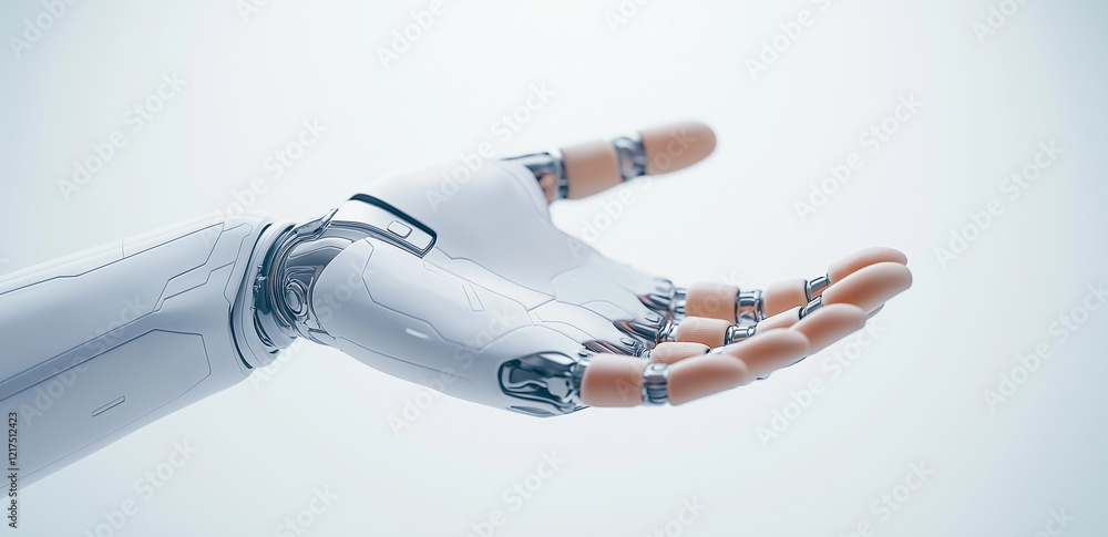 Poster robotic hand with open palm, showcasing intricate mechanical details and sleek design. image evokes 