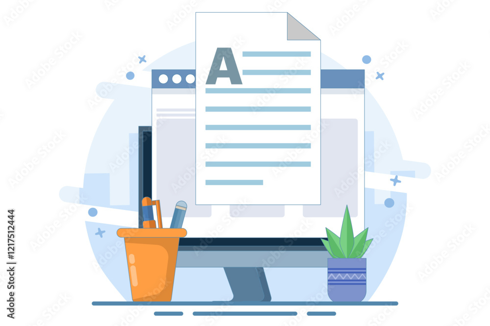 Fototapete concept writing online text document content on desktop computer or creating essay or book on pc, wr