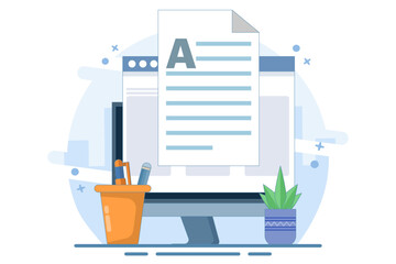Concept Writing online text document content on desktop computer or creating essay or book on PC, writing script or editing web text file, reading blog article idea. flat cartoon illustration.