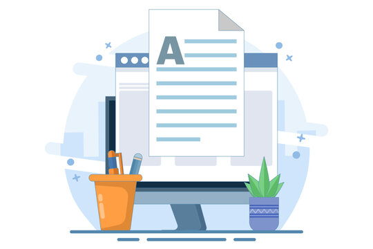 Concept Writing online text document content on desktop computer or creating essay or book on PC, writing script or editing web text file, reading blog article idea. flat cartoon illustration.