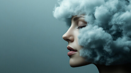 Woman with clouds surrounding her head in soft lighting