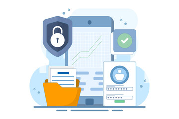Mobile device security concept with password. Flat developer prepares security system to protect user account data and master password. Minimal vector illustration outline design style.