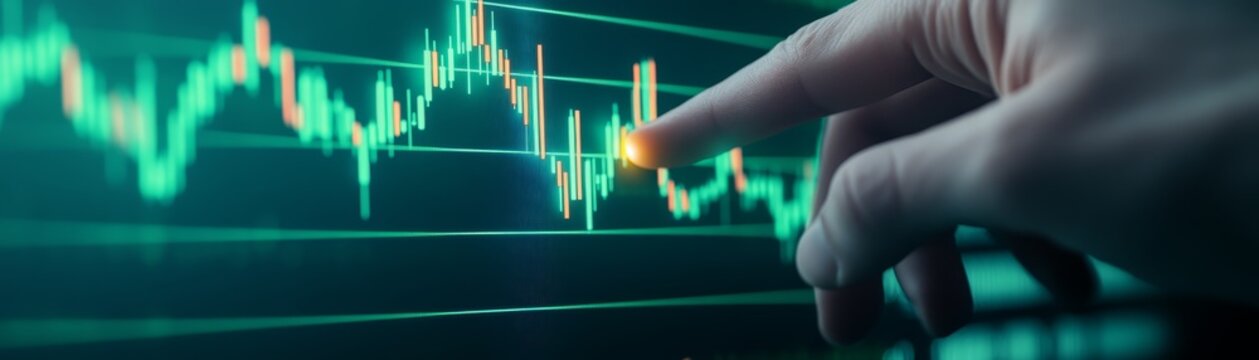 Hand on rising stock chart, exploring investment opportunities and market growth potential in finance