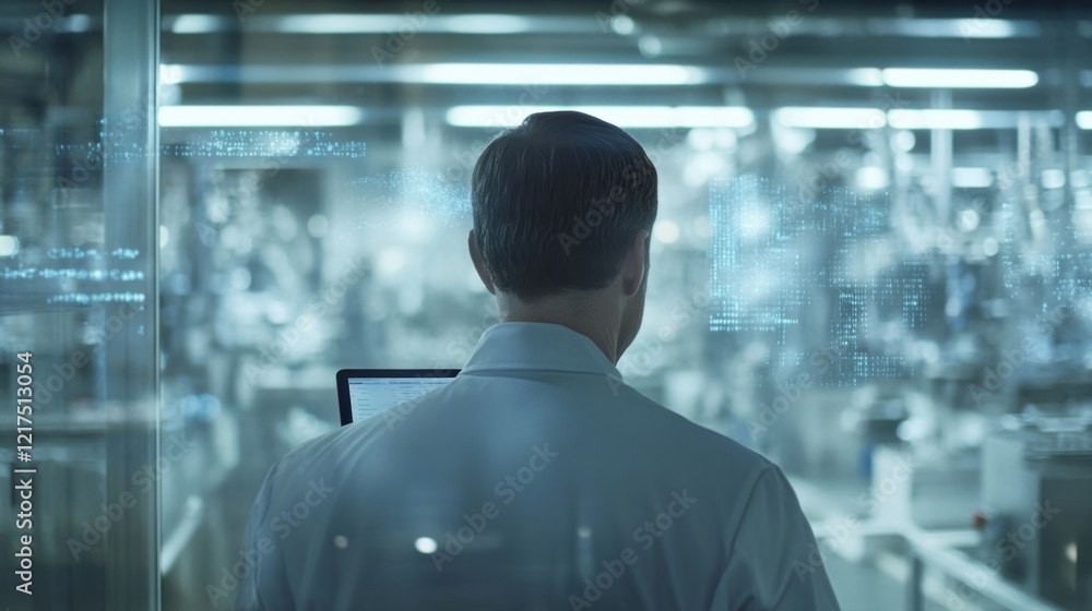 Aufkleber a focused factory managers face reflecting the soft blue glow of a tablet screen as they analyze dat