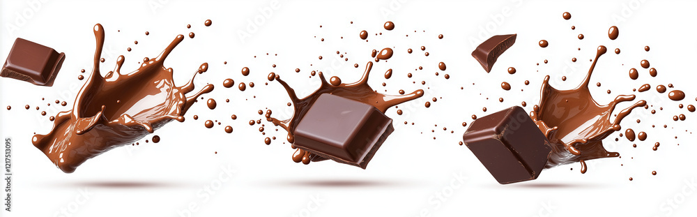 Poster chocolate splashes create dynamic and delicious visual on white background, showcasing rich texture 